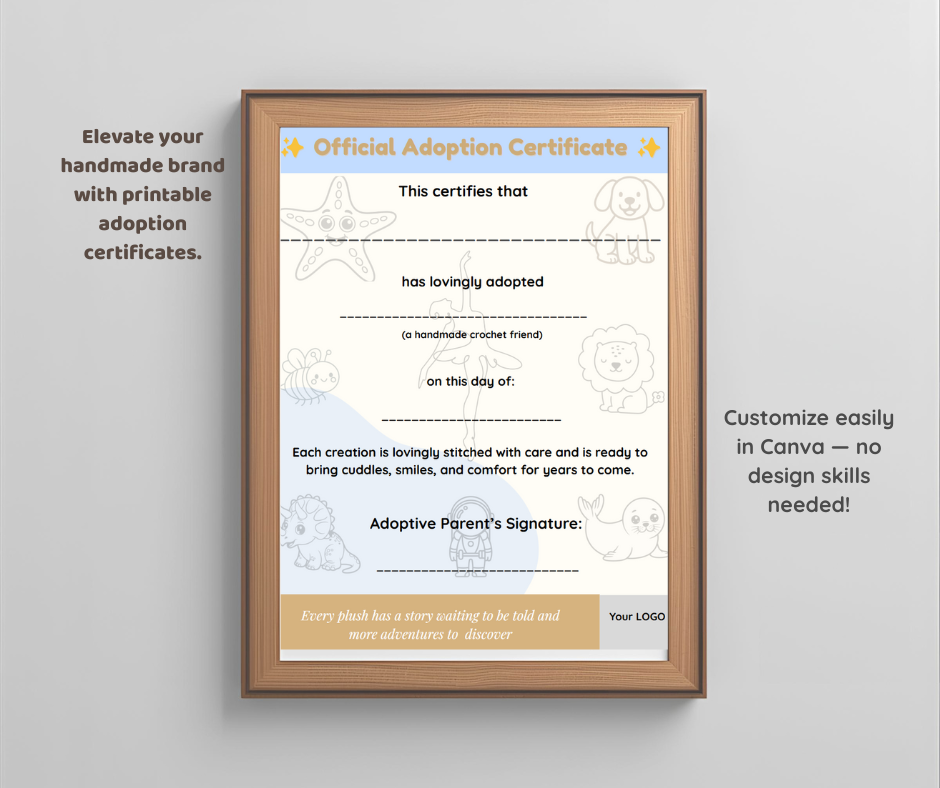 Editable Adoption Certificate Template (for Crochet & Plush Sellers)