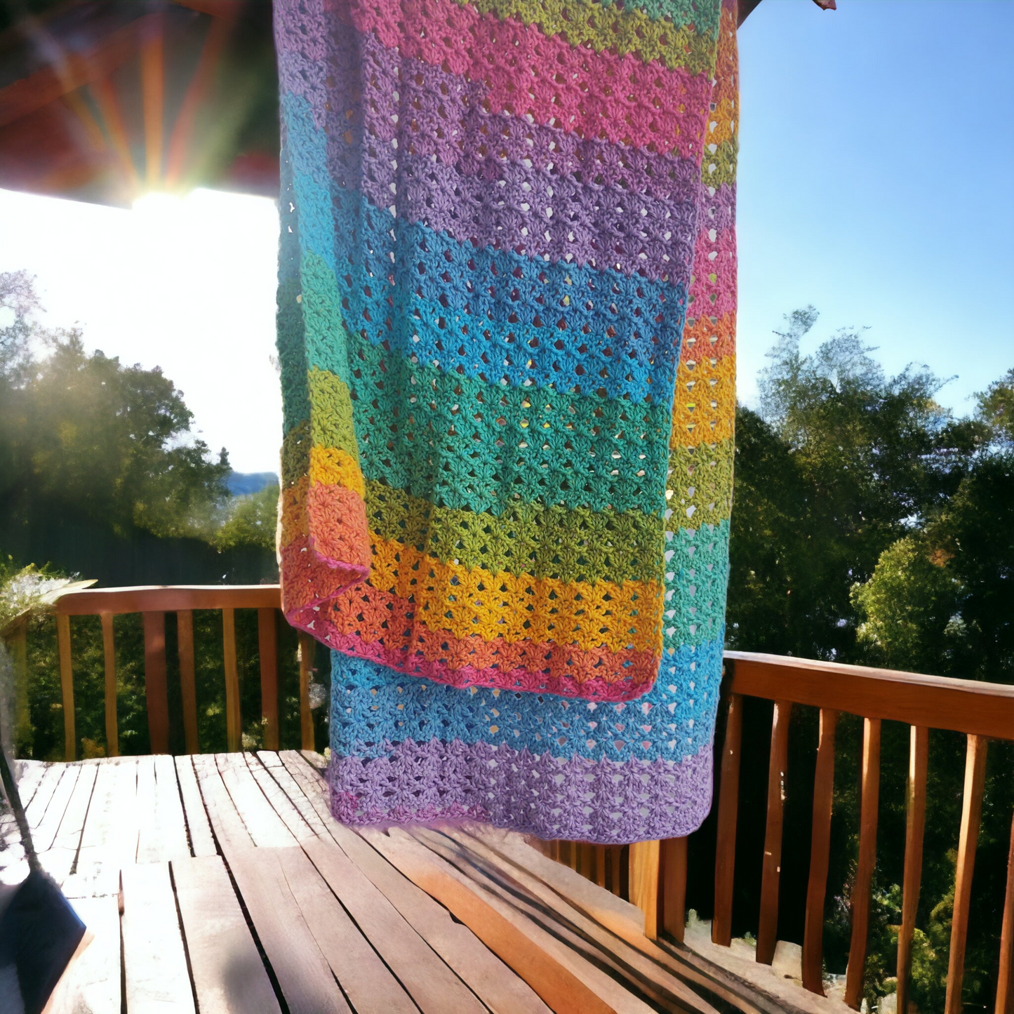 Vibrant Handmade Crochet Rainbow Shawl: Cozy Wrap for Beach, Office & Weddings
