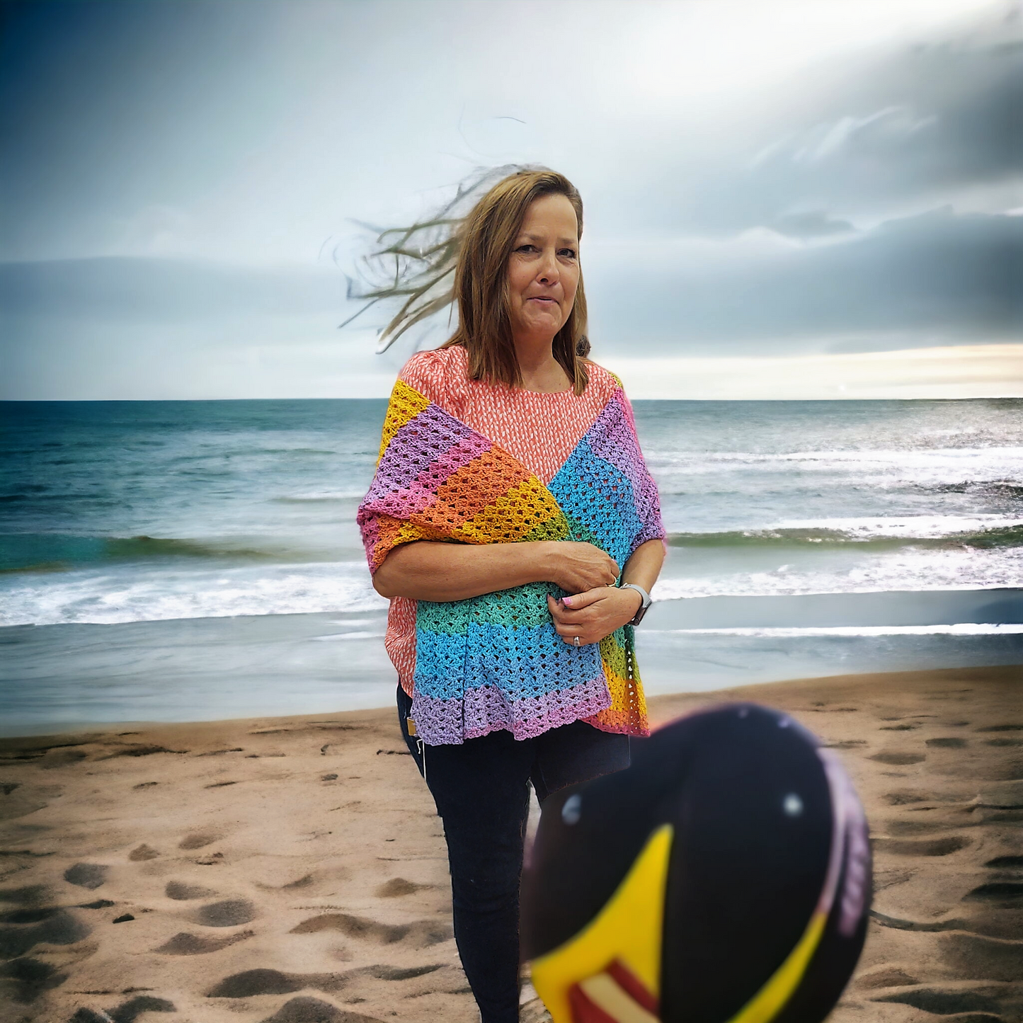 Vibrant Handmade Crochet Rainbow Shawl: Cozy Wrap for Beach, Office & Weddings