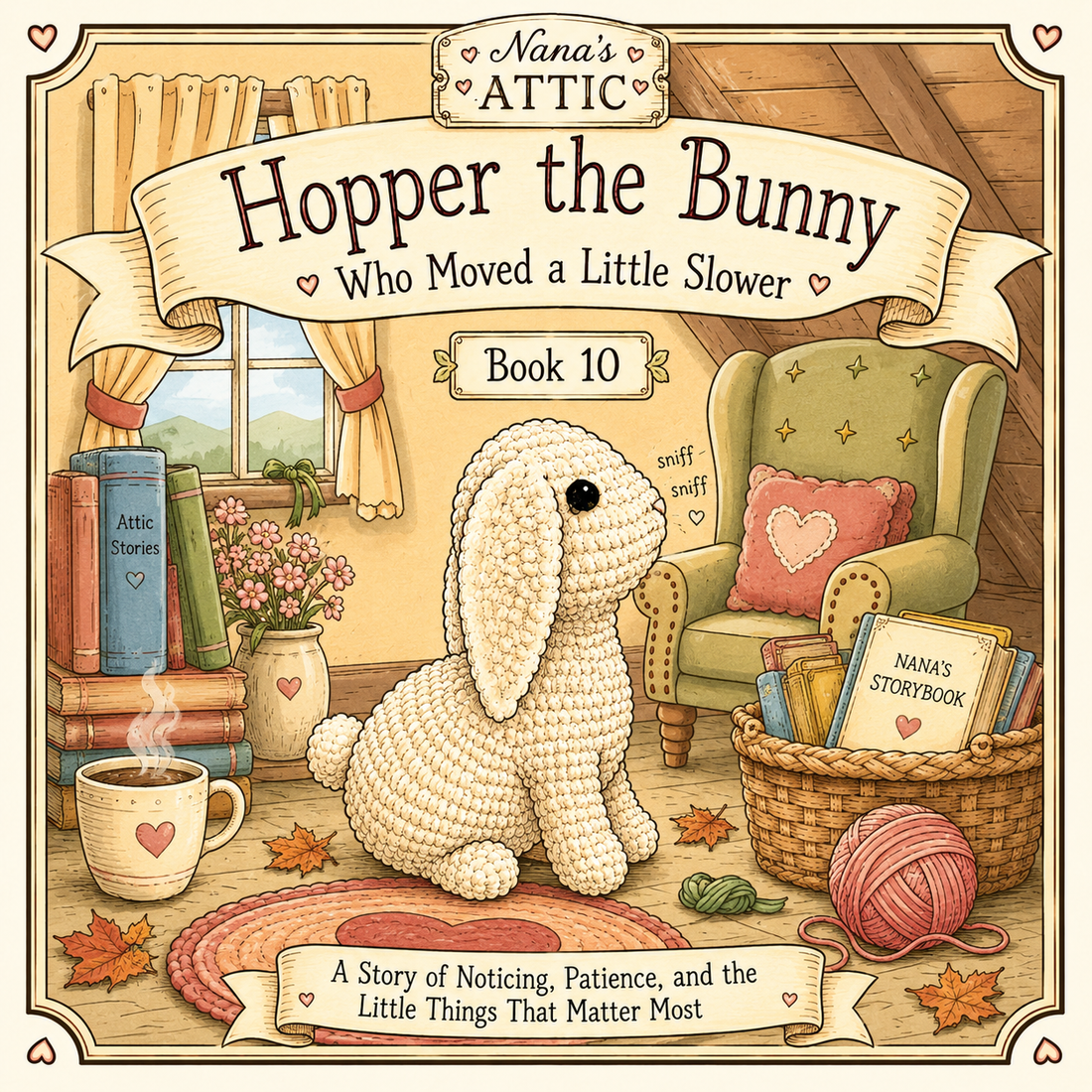 Hopper the Bunny Who Moved a Little Slower — Nana's Attic Book 10 cover with crochet bunny in cozy attic setting