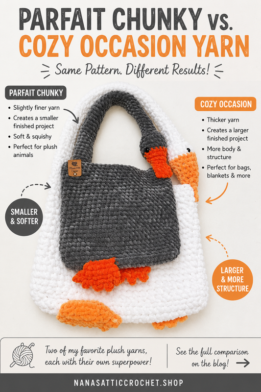 Side-by-side comparison of Goose Creek Handbag made with Premier Parfait Chunky (gray, smaller) vs Yarn Bee Cozy Occasion (white, larger) — same pattern, different results
