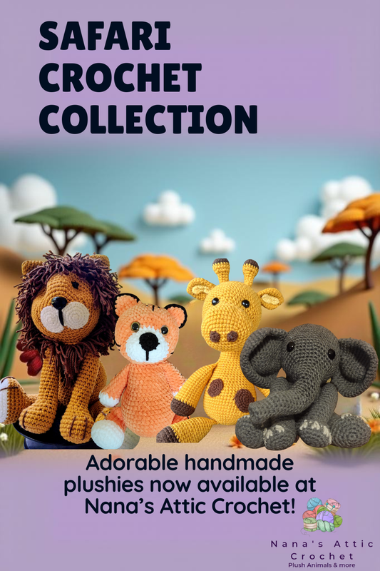 Handmade crochet safari animals including lion, tiger, giraffe, and elephant from Nana’s Attic