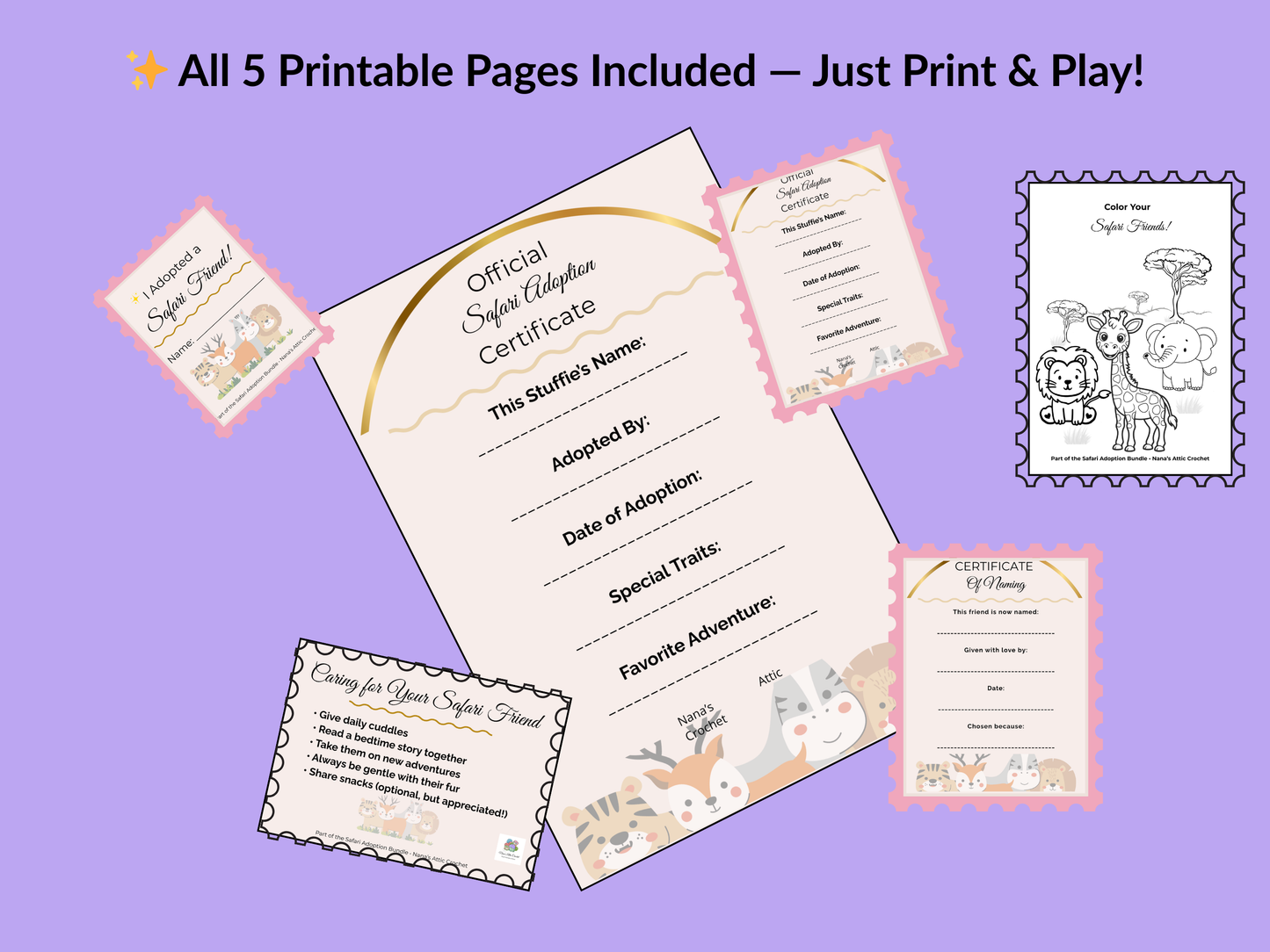 Safari Adoption Printable Bundle • 5-Page Kids Activity & Keepsake Set (Instant Download)