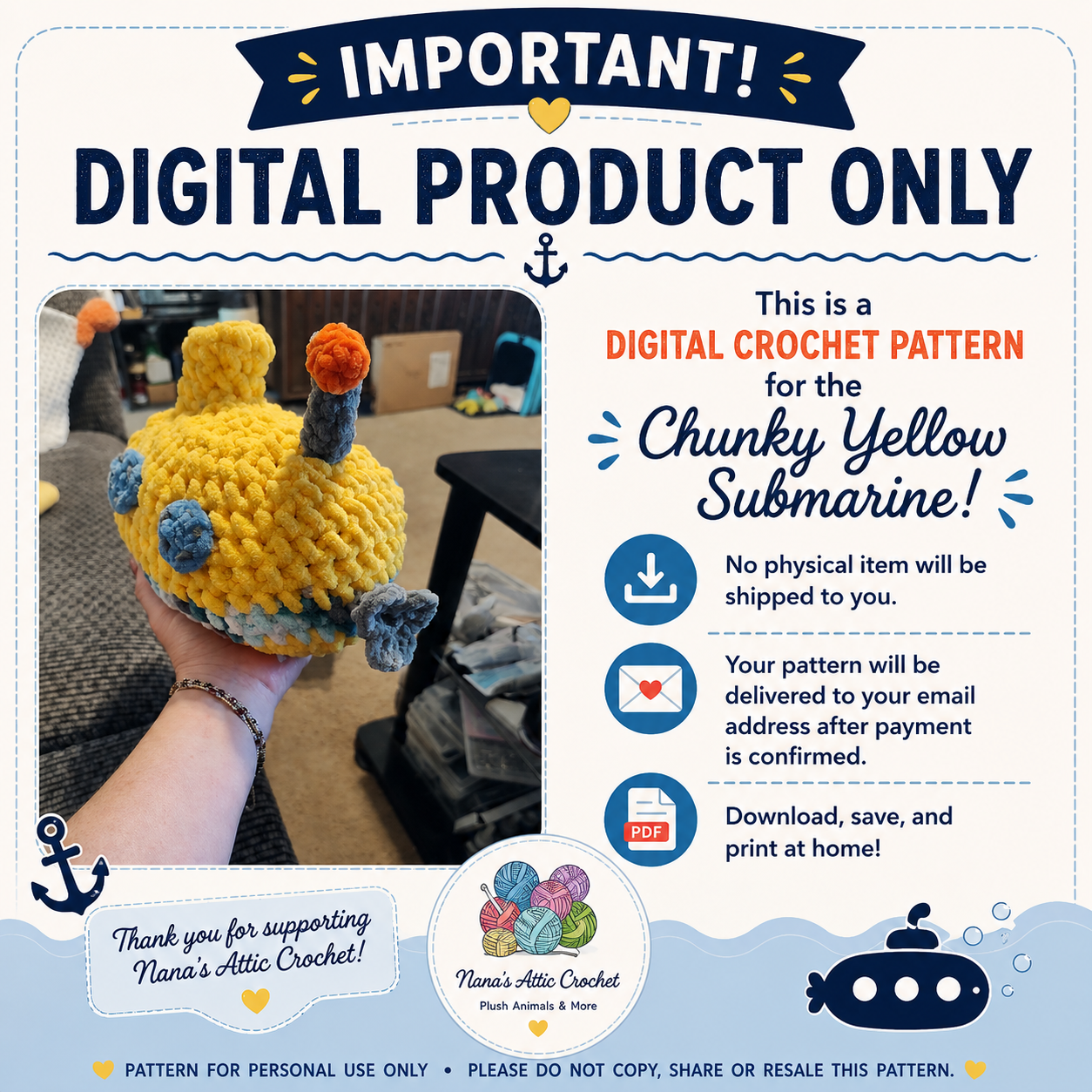 Chunky Yellow Submarine Crochet Pattern PDF | Amigurumi Submarine | Nana's Attic