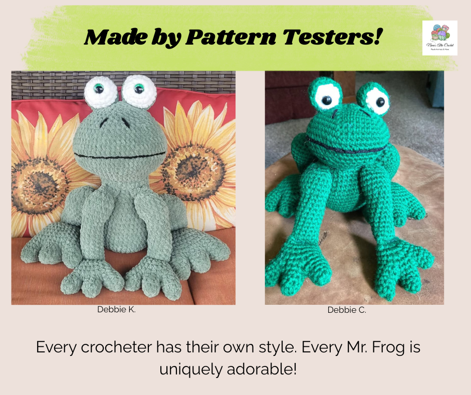 Mr. Frog pattern testers — two versions made by Debbie K. and Debbie C.