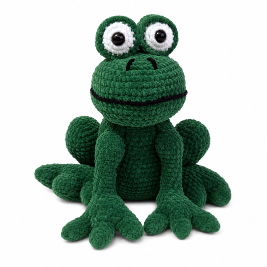 Mr. Frog crochet plush pattern — finished frog on white background