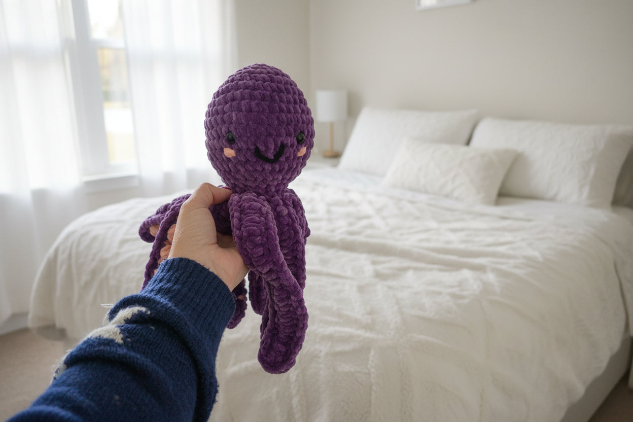 Hand holding a purple crochet octopus toy in a bedroom setting.