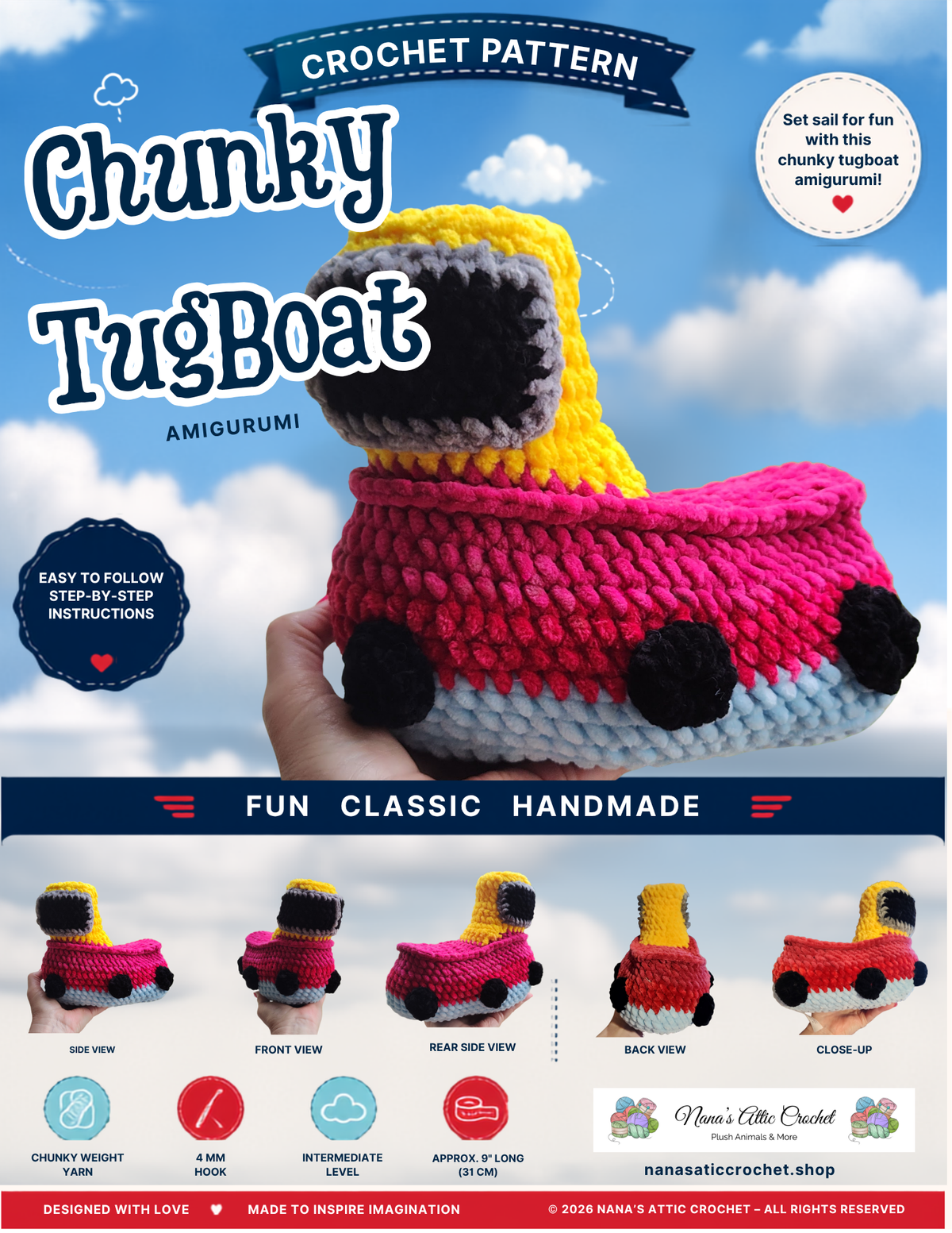 Chunky Tugboat Crochet Pattern – Amigurumi Boat PDF with 4 Video Tutorials