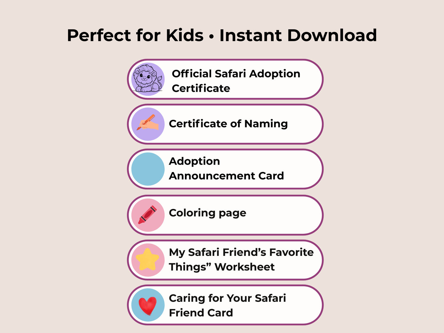 Safari Adoption Printable Bundle • 5-Page Kids Activity & Keepsake Set (Instant Download)