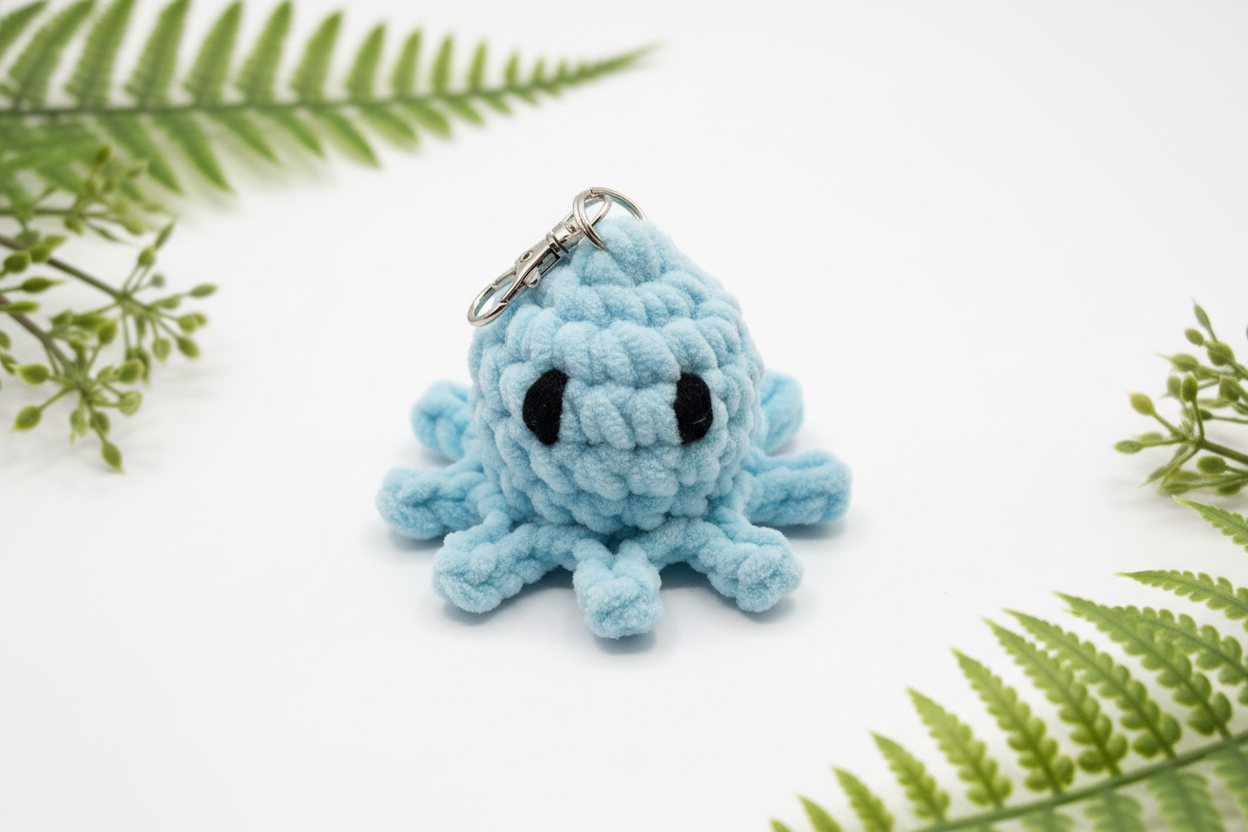 Blue crochet octopus keychain product shot