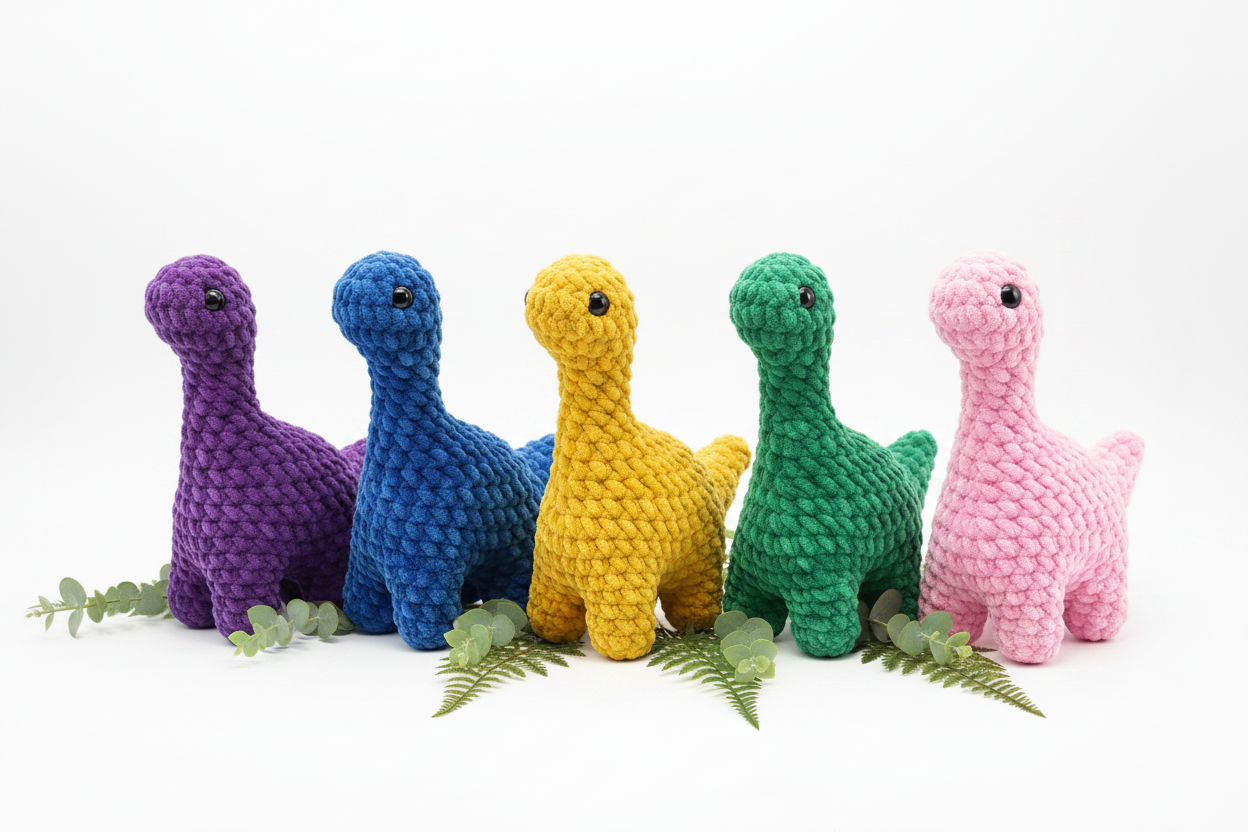 Five Brontosaurus in a row - purple, blue, yellow, green, pink