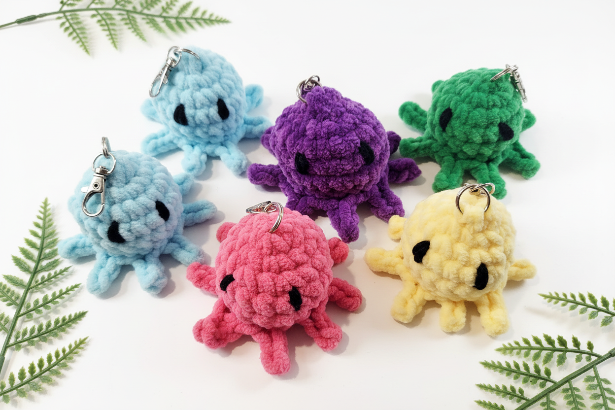 Five crochet octopus keychains - all different colors