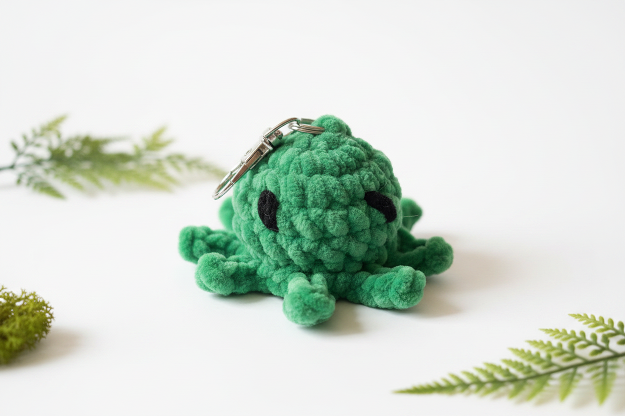 Green octopus keychain - white background with greenery