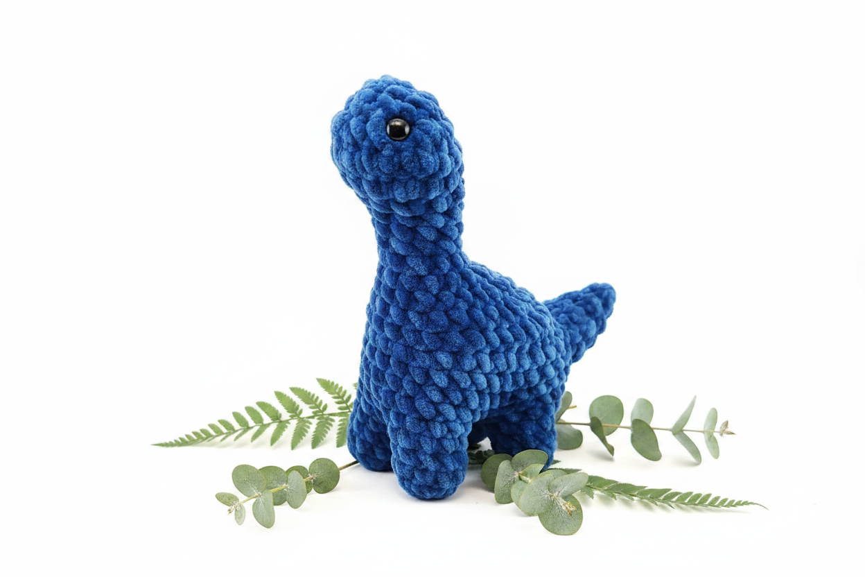 Blue crochet plush Brontosaurus on white background with greenery