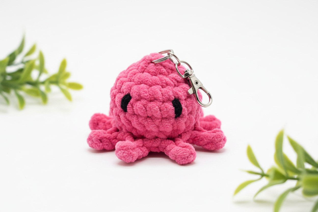 Pink crochet octopus keychain product shot
