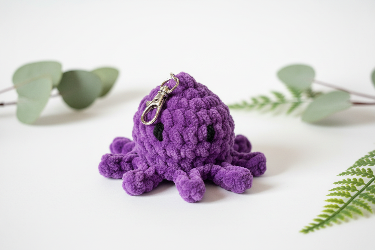 Purple crochet octopus keychain product shot
